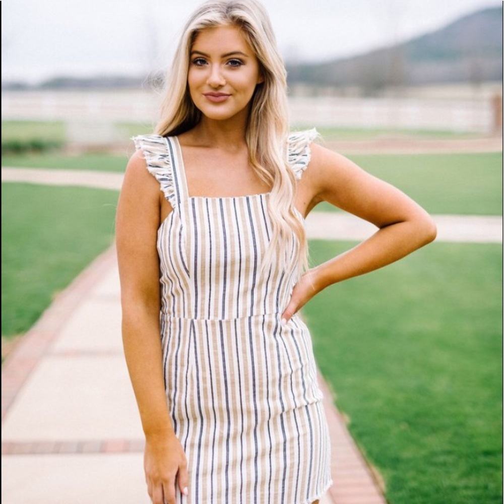 Beige Striped Frill Dress from Shop These Three